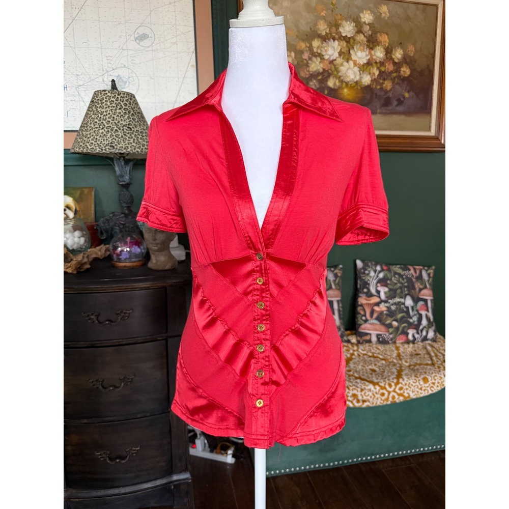 Mustard Seed by do+be Satin Ruffle Button Down Short Sleeve Top Large‎